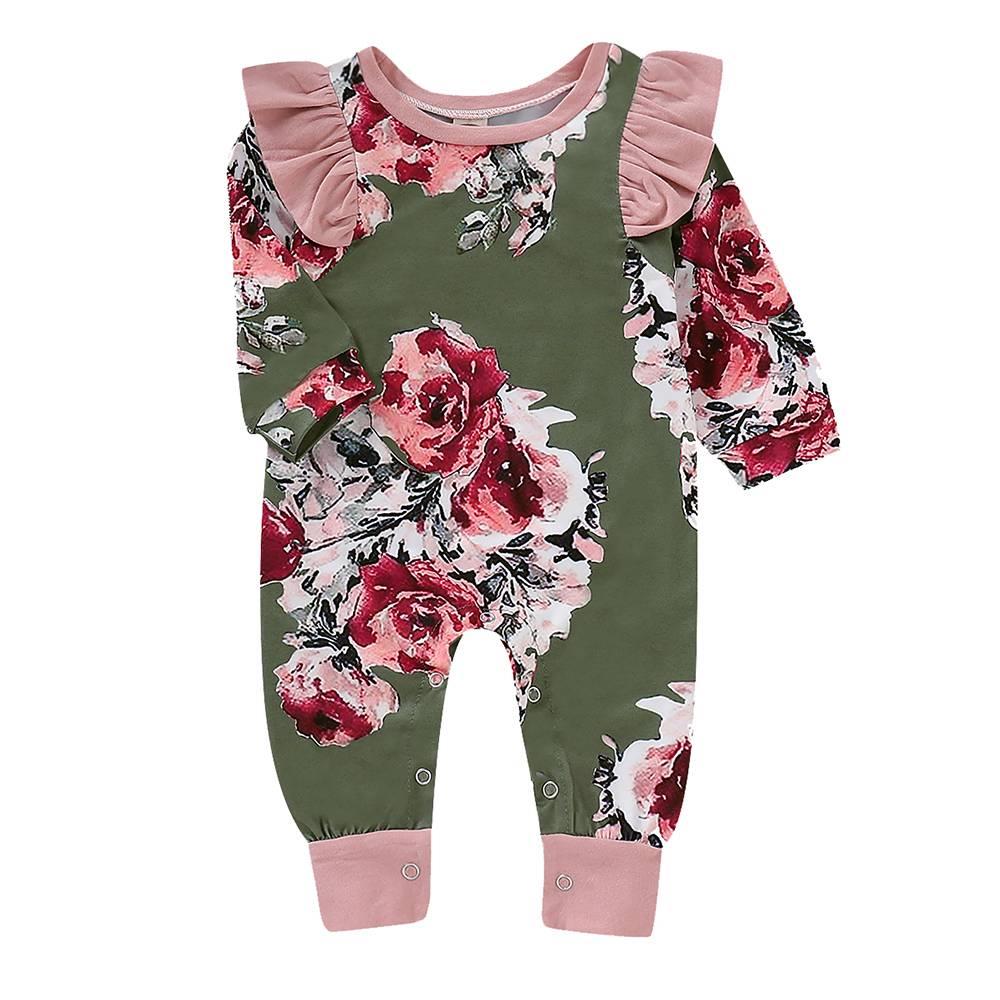 HZ6004 Kids Girls Casual Flounce Long-sleeve Lycra Cotton Jumpsuits Size 70 - Green