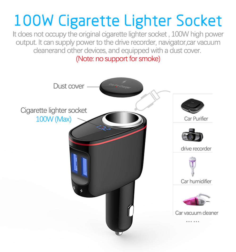 S-06A QC3.0 Car Charger 30W Dual USB Ports Cigarette Lighter Blue LED Display For IOS / Android - Black