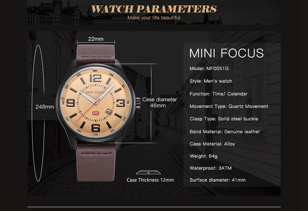 MINI FOCUS MF0051G Men's Casual Business Quartz Sports Watch Genuine Leather Strap Waterproof Wristwatch - Black