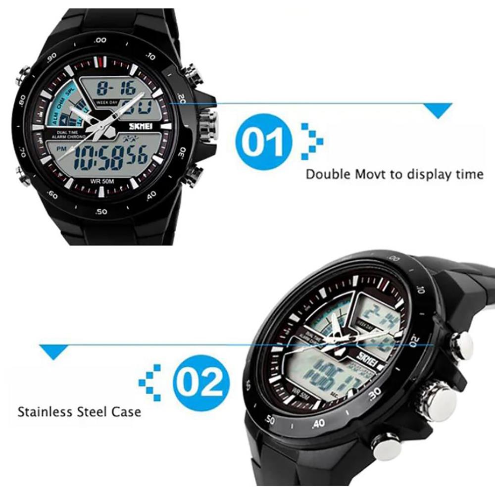 Skmei 1016 Unisex LED Sports Watch Analog-Digital Dual Day Date Alarm 50M Water Resistance Silicone Band - Orange