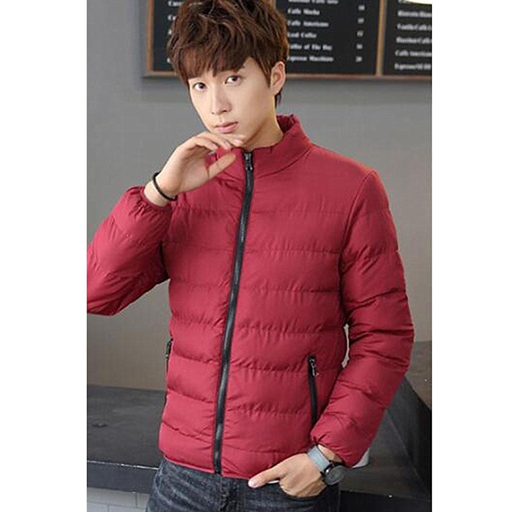 Men's Autumn And Winter Basic Casual Thick Cotton Down Jacket (Stand Collar Warm Coat Size L) - Red