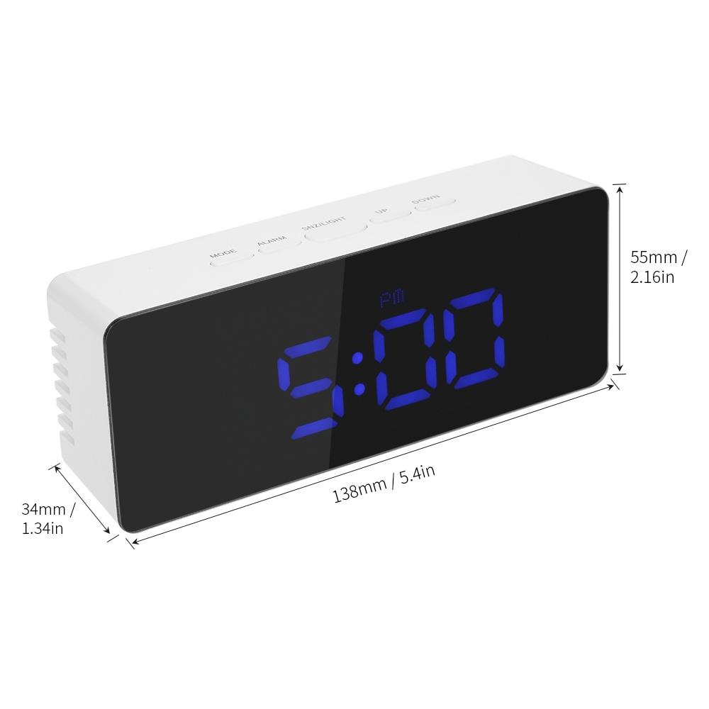 Rectangular LED Mirror Clock Alarm Clock With Snooze Function Indoor Thermometer - Blue