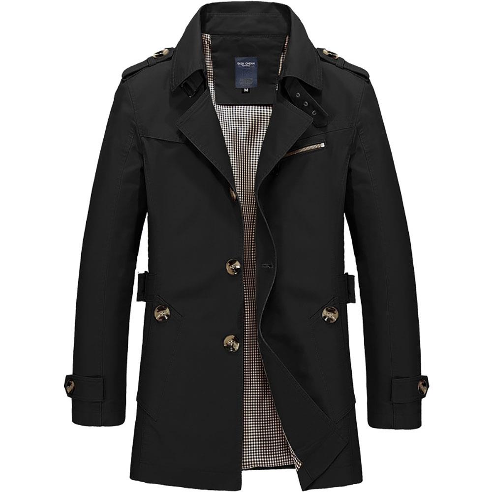 CA1306 Men's Autumn Winter Casual Windbreaker (Leisure Cotton Jackets Outerwear Trench Coat Size L) - Black