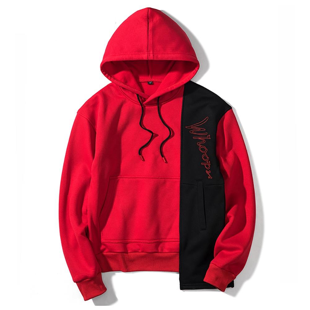 WY30 Men's Autumn Casual Irregular Loose Hoodie (Color Block Cotton Sweatshirt Size M) - Red