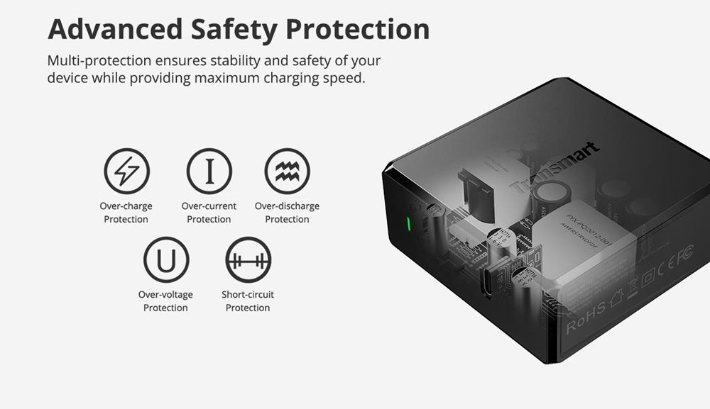 Tronsmart WCP02 60W USB C Wall Charger with Power Delivery 3.0 for MacBook Air/iPad Pro 2018, iPhone XS/Max/XR - EU