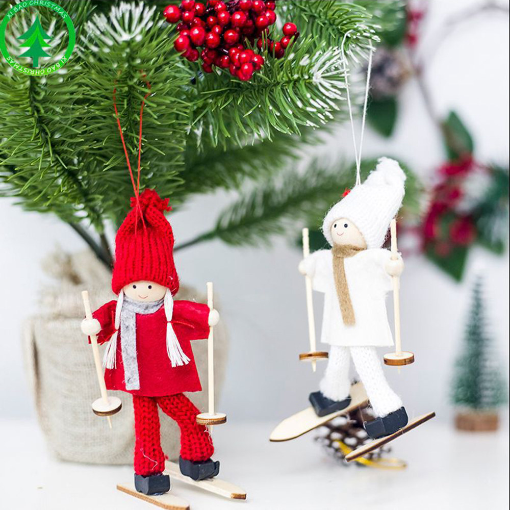1pc Cute Christmas Tree Decoration Pendant Mini Ski Doll - White clothes + Red Cap