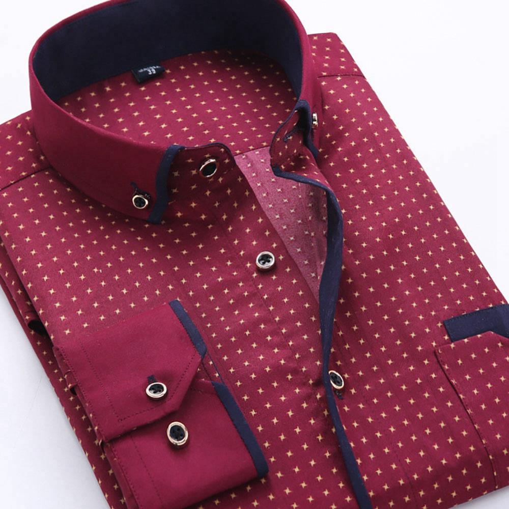 Men's Autumn Business Wave Point Printed Stand Collar Shirt (Slim Fit Cotton Size M) - Burgundy
