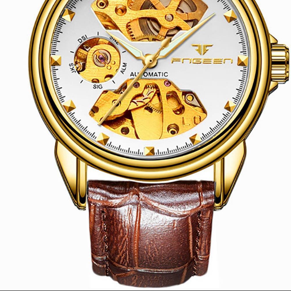 Men's Business Hollow Engraving Mechanical Watch Analog Automatic Movement PU Leather Strap - White