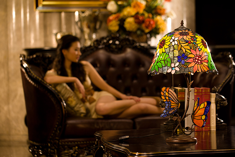 FUMAT 16 Inches Tiffany Style Stained Glass Handcrafted Table Lamp - Romantic Sunflower Butterfly Design
