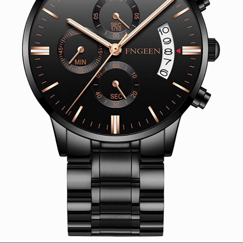 FNGEEN 5055 Men's Stainless Steel Watch Analog Calendar Quartz Movement - Black + Rose Gold
