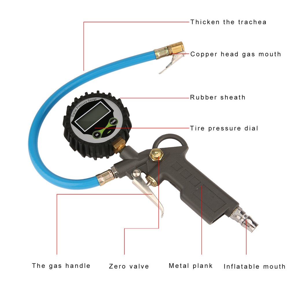 Air Tire Inflator Gun Digital Tire Pressure Gauge With Hose Connector Plug - Black + Blue
