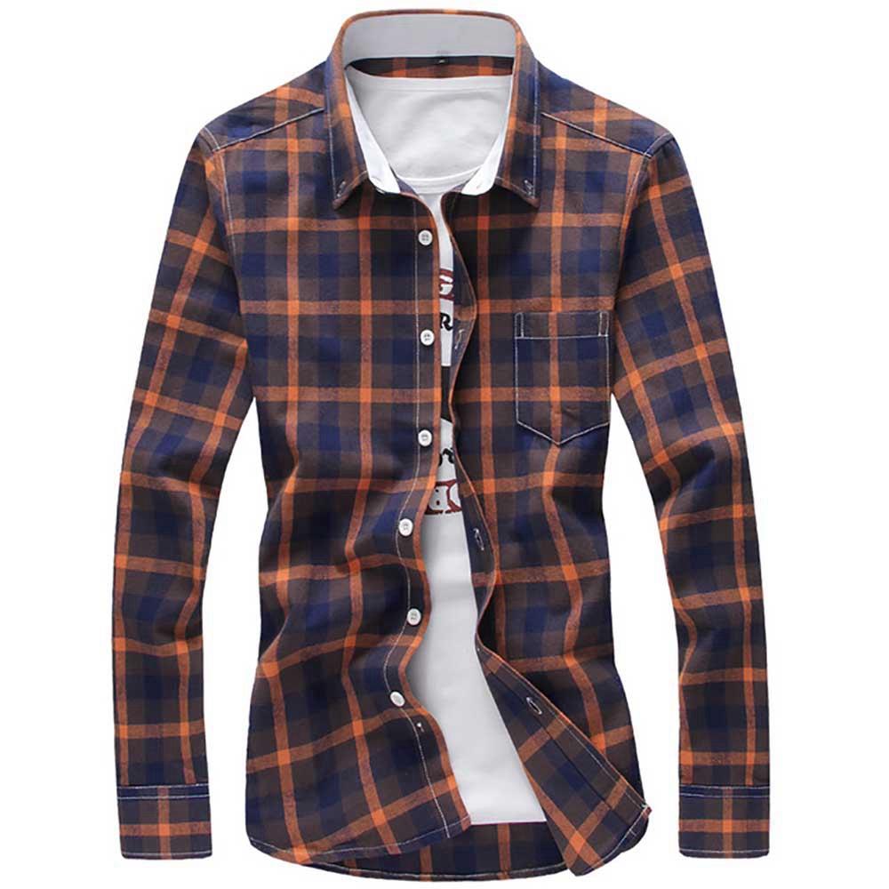 Men's Plaid Shirt Button-down Long Sleeve (Size M) - Dark Yellow