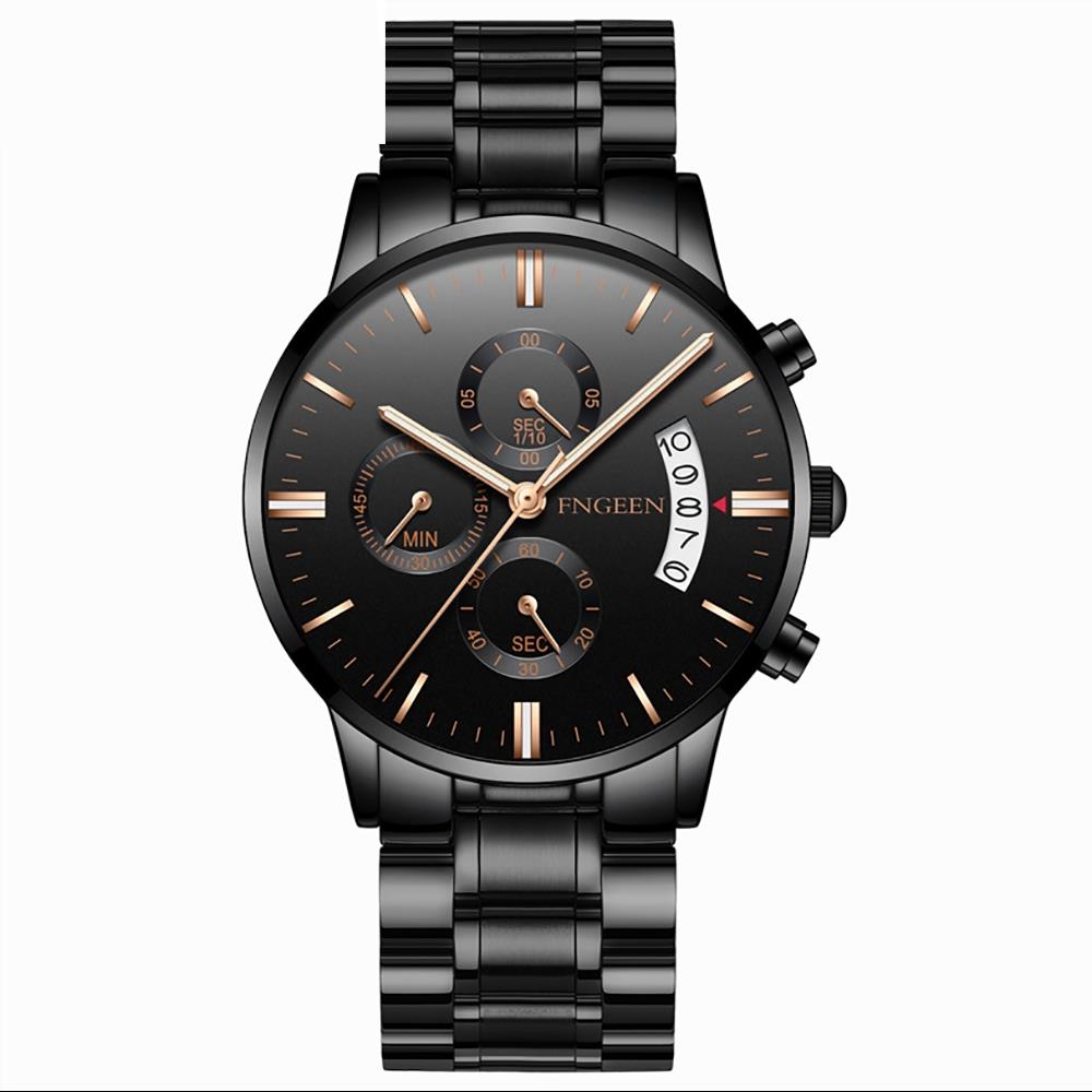 FNGEEN 5055 Men's Stainless Steel Watch Analog Calendar Quartz Movement - Black + Rose Gold