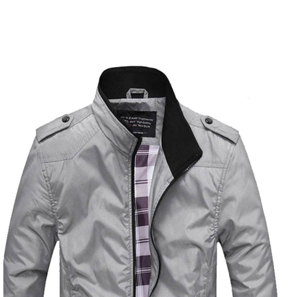 CA1235 Men's Autumn Winter Classic Casual Jacket (Standing Collar Tartan Pattern Polyester Coat Size M) - Gray