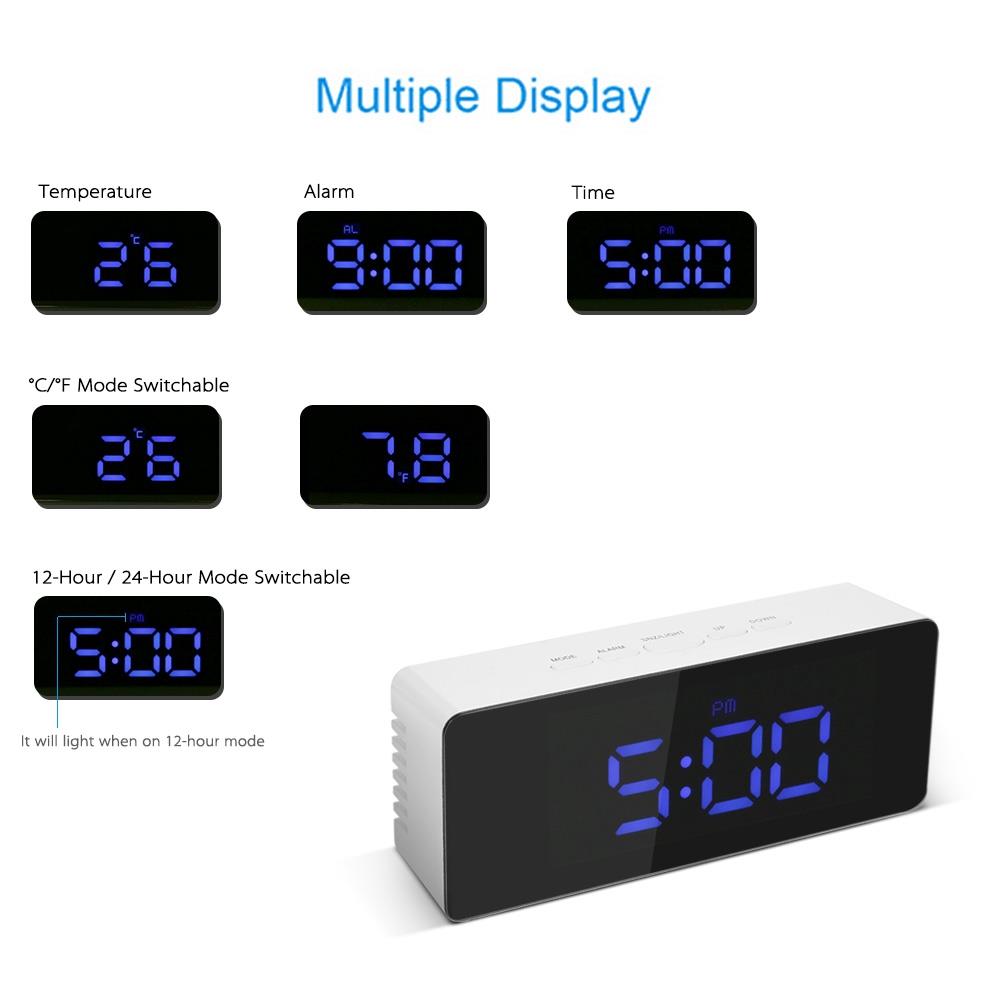 Rectangular LED Mirror Clock Alarm Clock With Snooze Function Indoor Thermometer - Blue