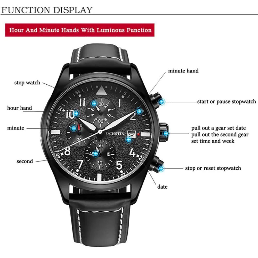 OCHSTIN GQ043B Men's Outdoor Quartz Watch Working Sub-dial Analog Display 3ATM Waterproof PU Strap - Brown