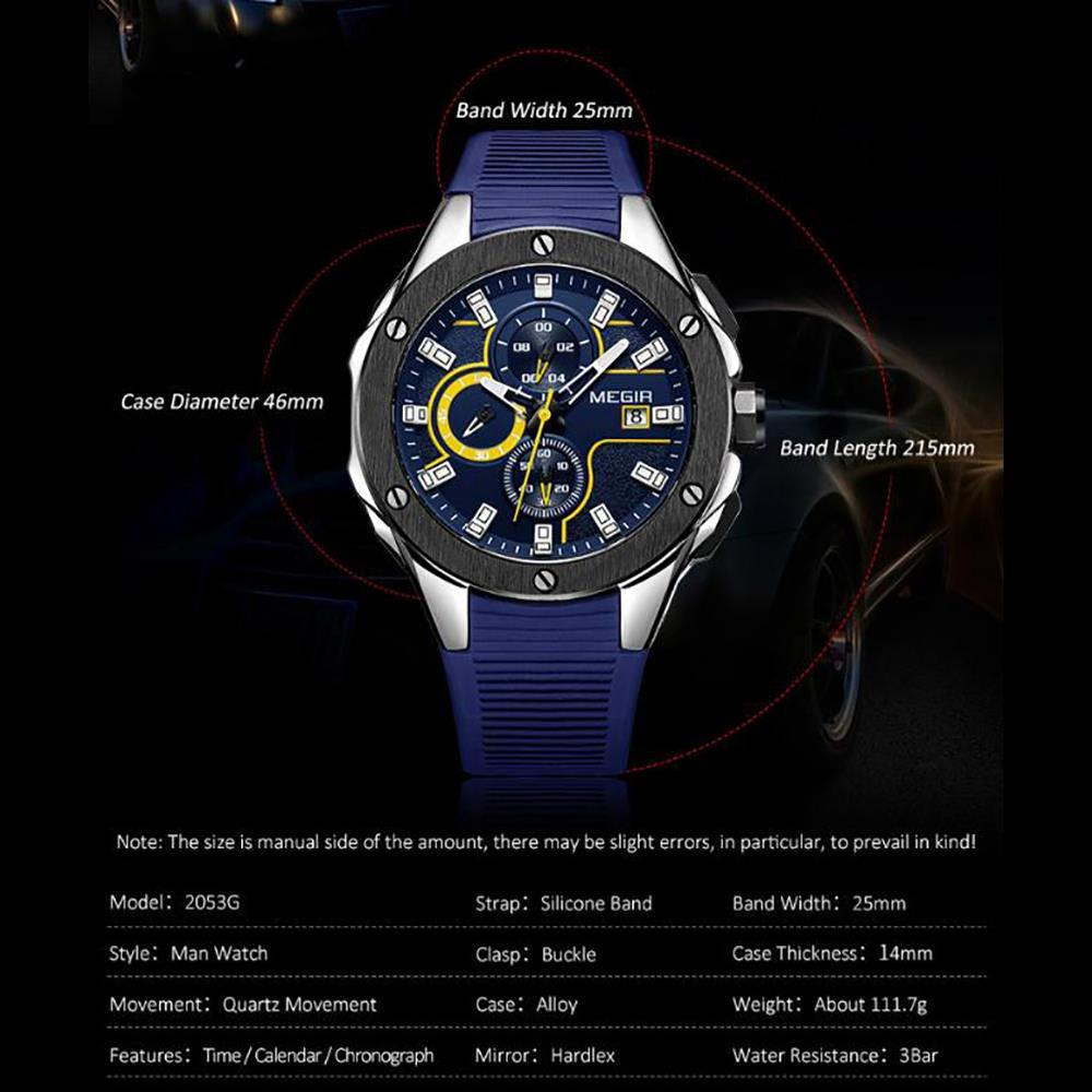 ML2053G MEGIR Men's Sports Wrist Watch Stopwatch Analog Calendar Quartz Movement Silicone Strap - Rose Gold