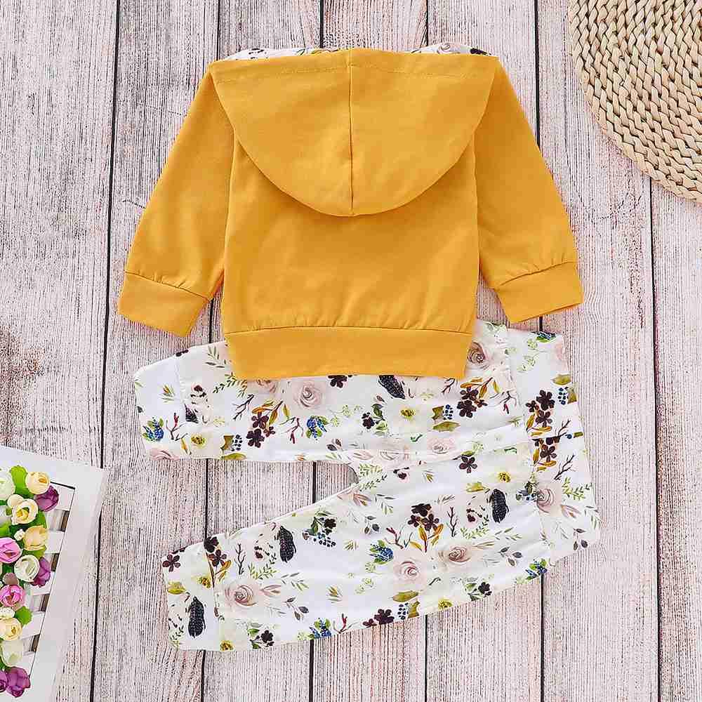 HZ6003 Kids Girls Pocket Printed Two-piece Set (Long-sleeve Hoodie + Floral Trousers Size 70) - Yellow