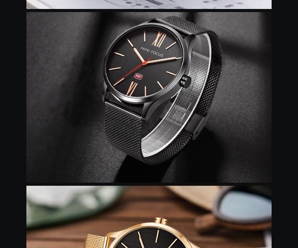 MINI FOCUS MF0018G Men's Casual Business Thin Quartz Watches Stainless Steel Strap Wristwatch - Black
