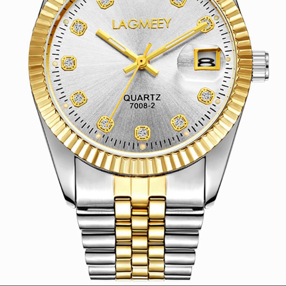 W7008 LAGMEEY Men's Business Wrist Watch Large Dial Calendar Quartz Movement Stainless Steel - White