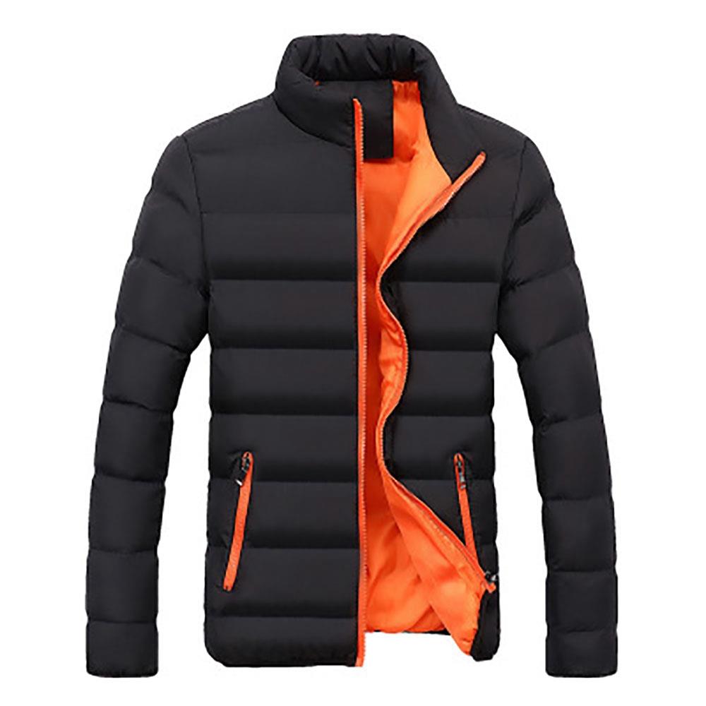 Men's Autumn And Winter Basic Casual Thick Cotton Down Jacket (Stand Collar Warm Coat Size L) - Black + Orange