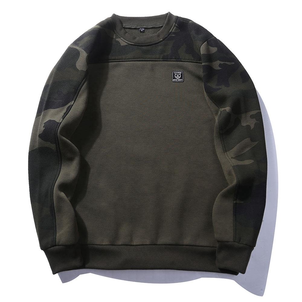 WY09 Men's Casual Crew Neck Camouflage Stitching Cotton Sweatshirt Size L - Army Green