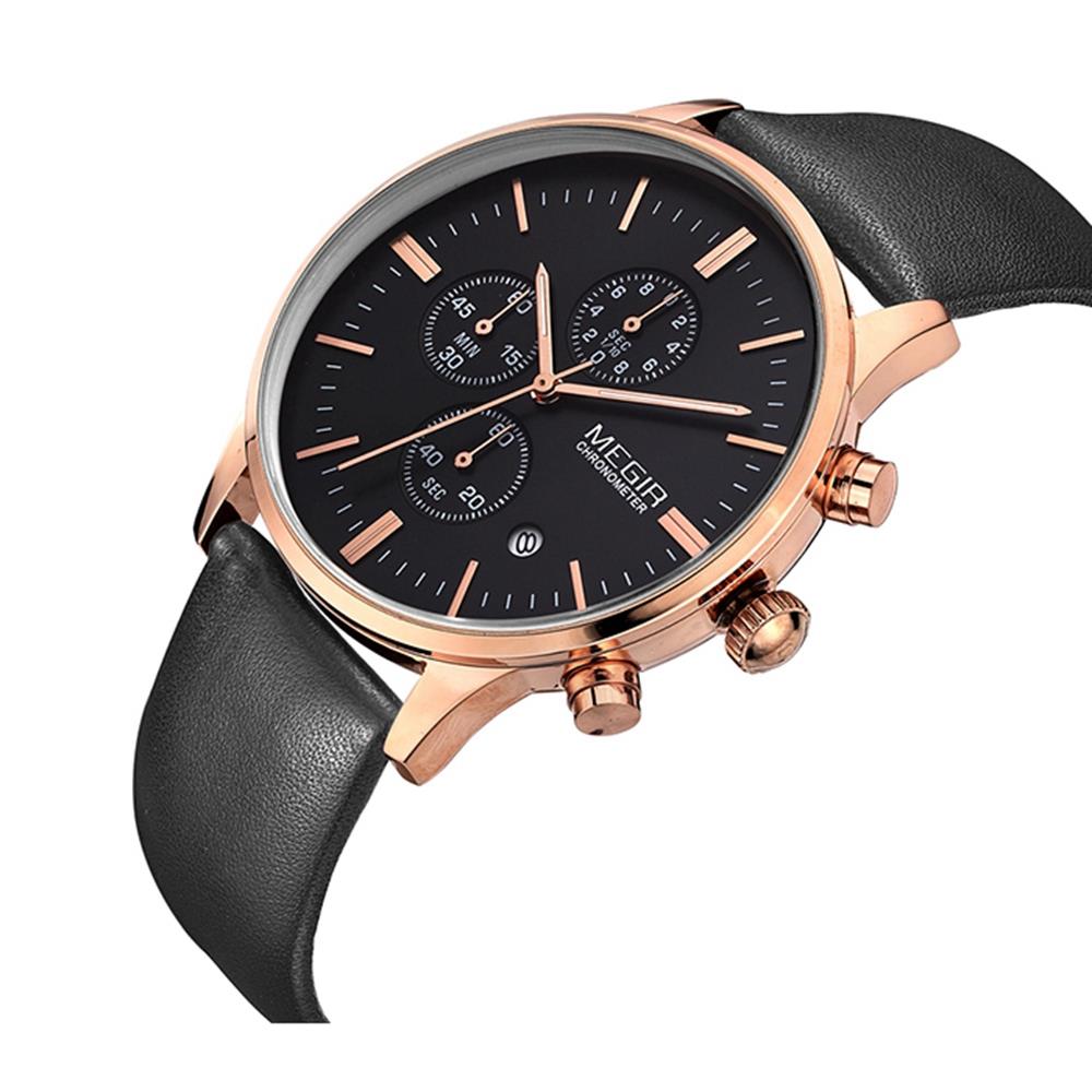 ML2011G MEGIR Men's Sports Wrist Watch Business Analog Casual Quartz Movement PU Black Dial - Rose Gold + Black