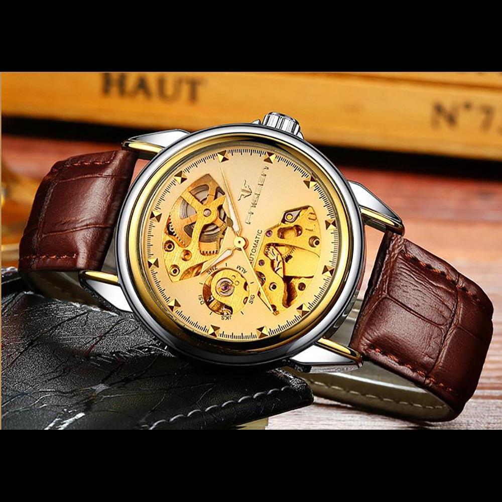 Men's Business Hollow Engraving Mechanical Watch Analog Automatic Movement PU Leather Strap - White