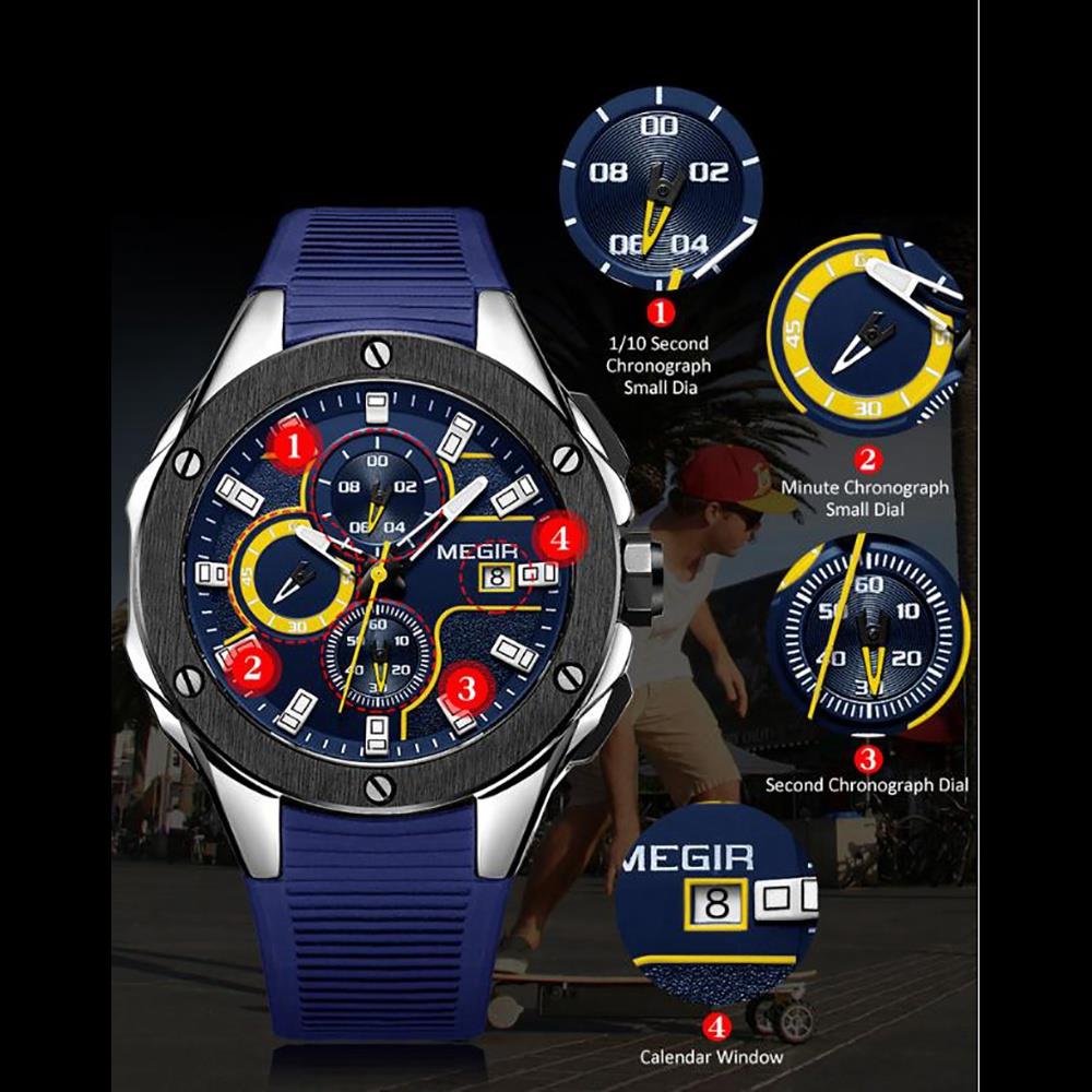 ML2053G MEGIR Men's Sports Wrist Watch Stopwatch Analog Calendar Quartz Movement Silicone Strap - Rose Gold
