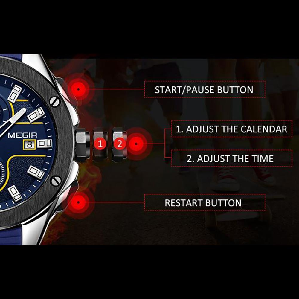 ML2053G MEGIR Men's Sports Wrist Watch Stopwatch Analog Calendar Quartz Movement Silicone Strap - Rose Gold