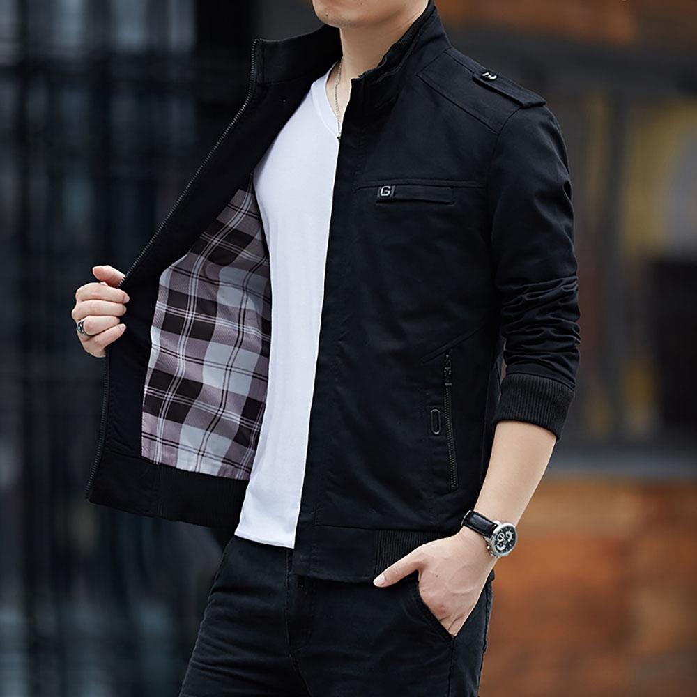 CA9801 Men's Autumn Winter Classic Casual Jacket (Lapel Grid Long Sleeve Polyester Jacket Size M) - Black