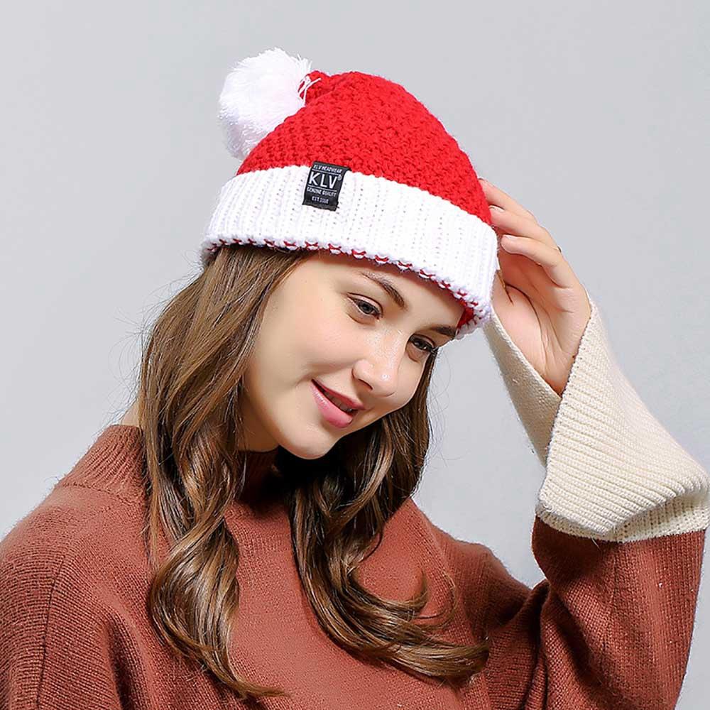 Santa Claus Party Christmas Hat for Adults Women Xmas Wool Knitted Cap Soft Hat - Red