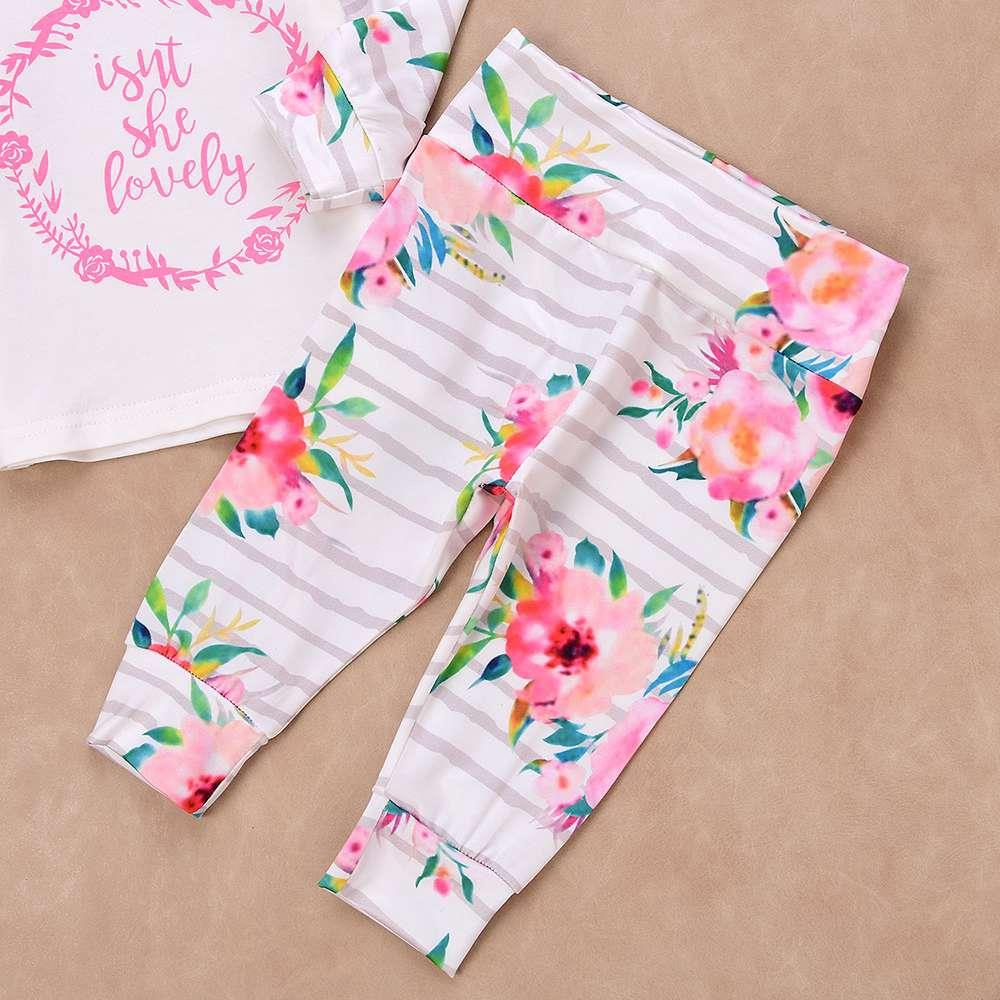 HZ50088 Kids Girls Flower Letter Pattern Three-piece Set (Long-sleeve Top + Flower Bow Tie Trousers + Hairband Size 70) - White