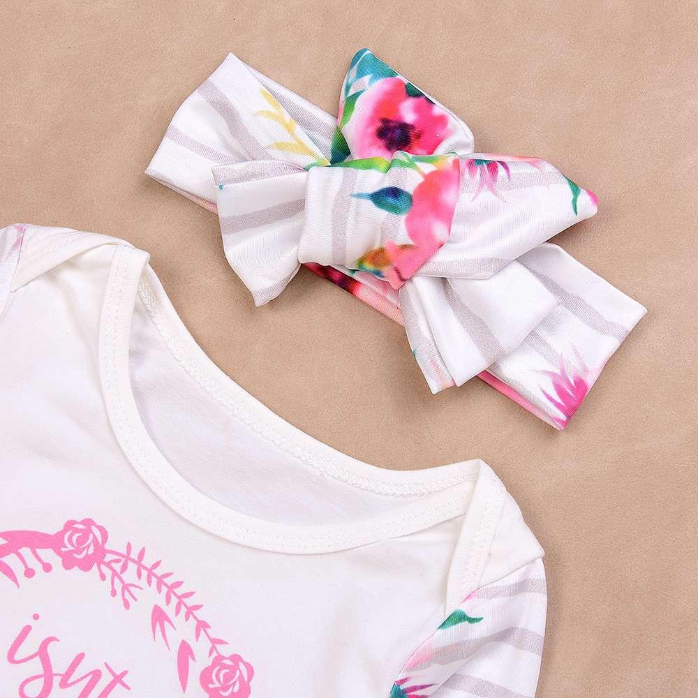 HZ50088 Kids Girls Flower Letter Pattern Three-piece Set (Long-sleeve Top + Flower Bow Tie Trousers + Hairband Size 70) - White