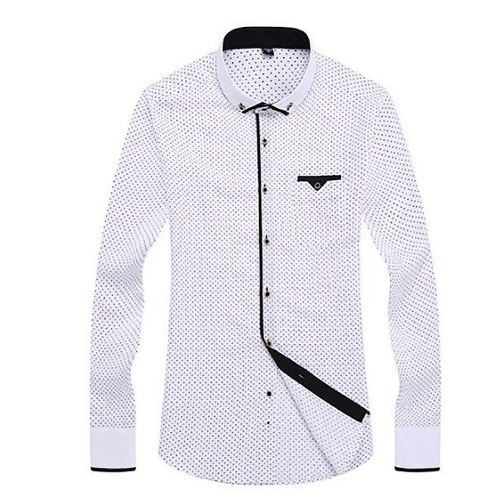 Men's Autumn Business Wave Point Printed Stand Collar Shirt (Slim Fit Cotton Size M) - White