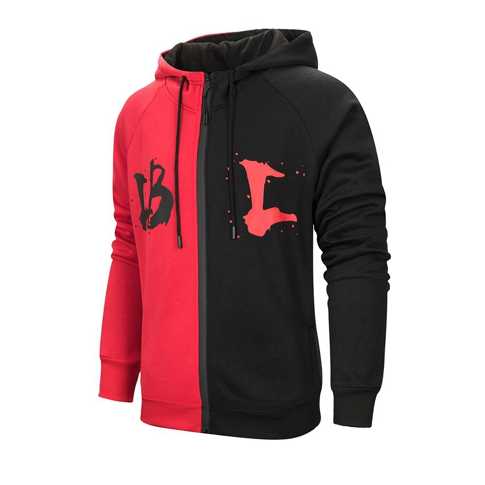 WY36 Men's Casual Color Block Zipper Design Cotton Hoodie Size XL - Red and Black