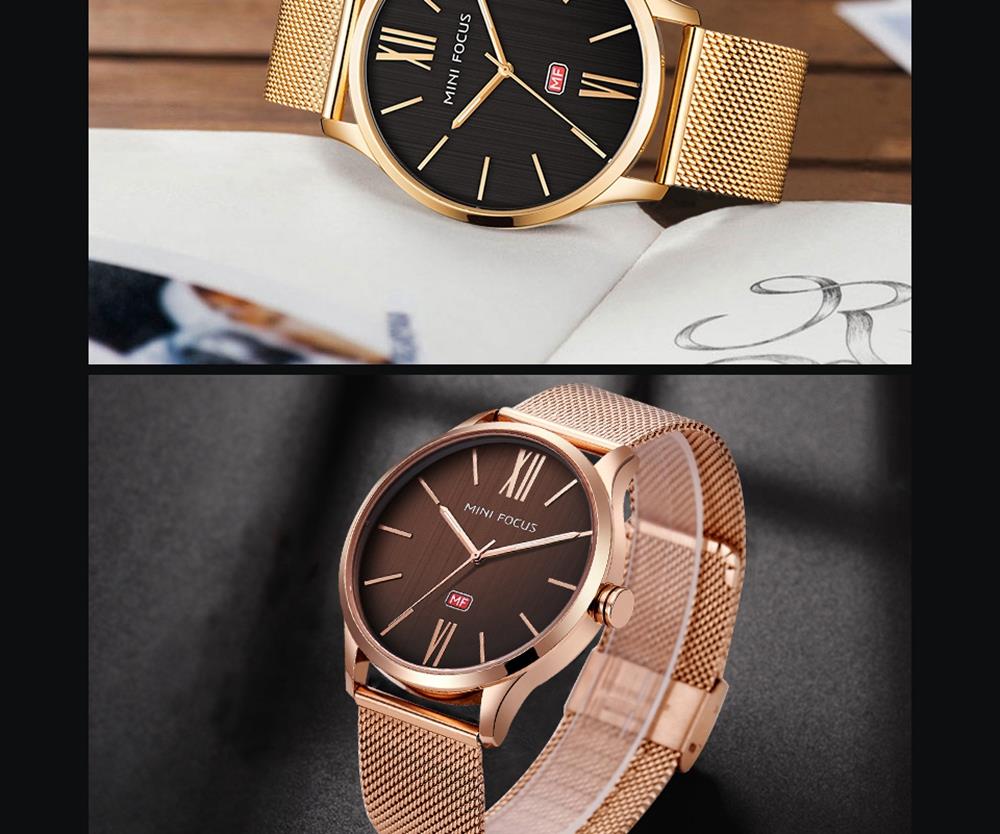 MINI FOCUS MF0018G Men's Casual Business Thin Quartz Watches Stainless Steel Strap Wristwatch - Black