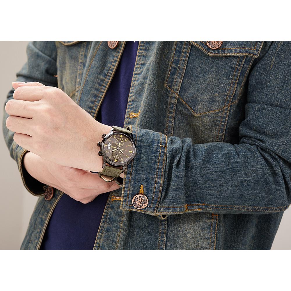 MEGIR ML2021 Men's Casual Watch Chronograph Calendar Large Dial Quartz Movement Canvas Fabric Strap - Green