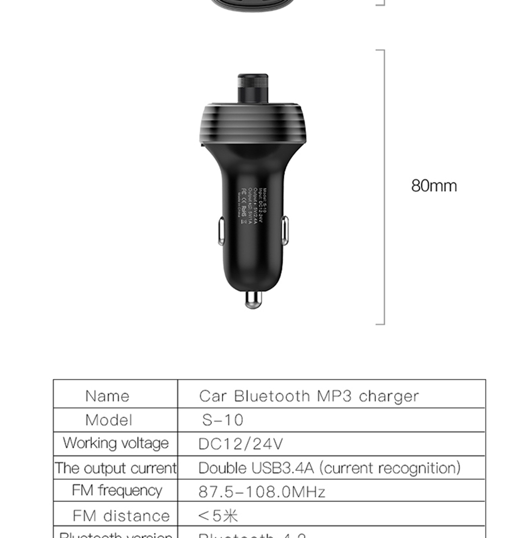 S-10 Car Charger Dual USB Ports FM Transmitter Radio Bluetooth MP3 Player Blue LED Display - Black