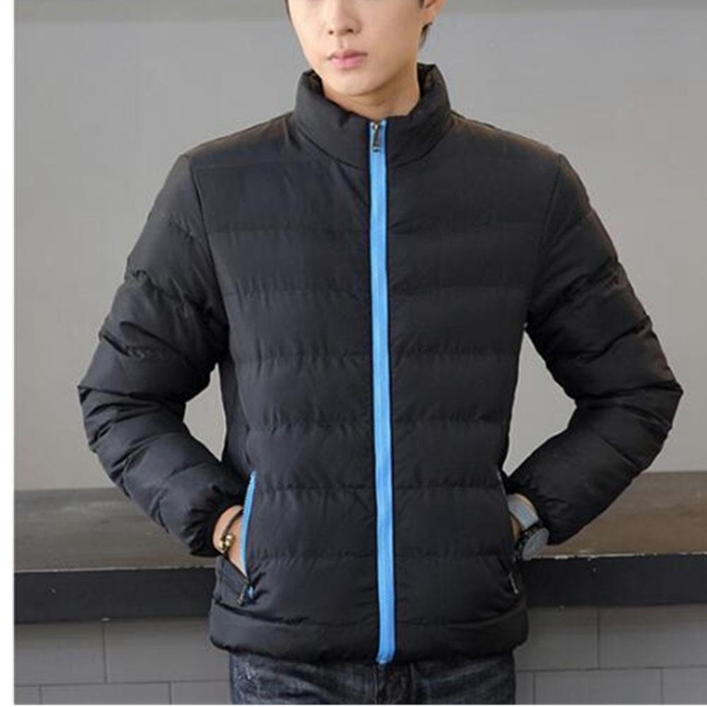 Men's Autumn And Winter Basic Casual Thick Cotton Down Jacket (Stand Collar Warm Coat Size L) - Black + Blue