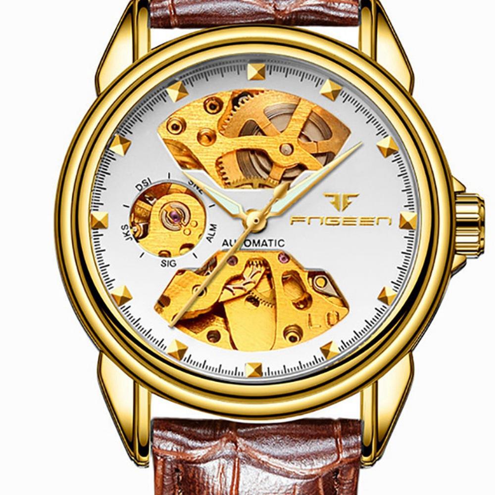 Men's Business Hollow Engraving Mechanical Watch Analog Automatic Movement PU Leather Strap - White