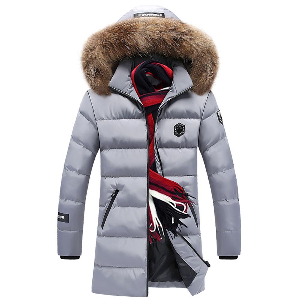 CA8866 Men's Autumn And Winter Casual Long Down Jacket (Solid Color Thicken Warm Fur Collar Size L) - Gray