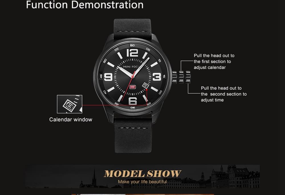 MINI FOCUS MF0051G Men's Casual Business Quartz Sports Watch Genuine Leather Strap Waterproof Wristwatch - Black
