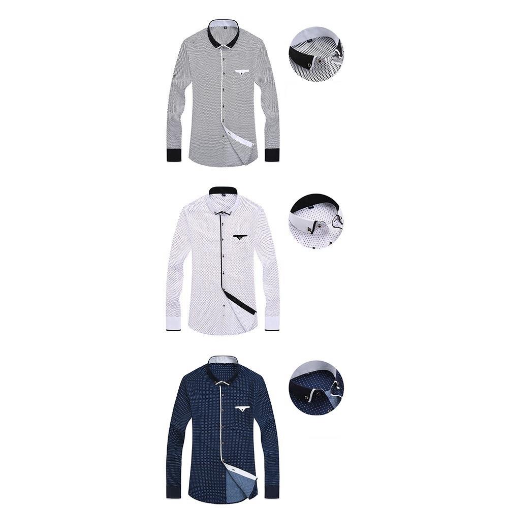 Men's Autumn Business Wave Point Printed Stand Collar Shirt (Slim Fit Cotton Size M) - White