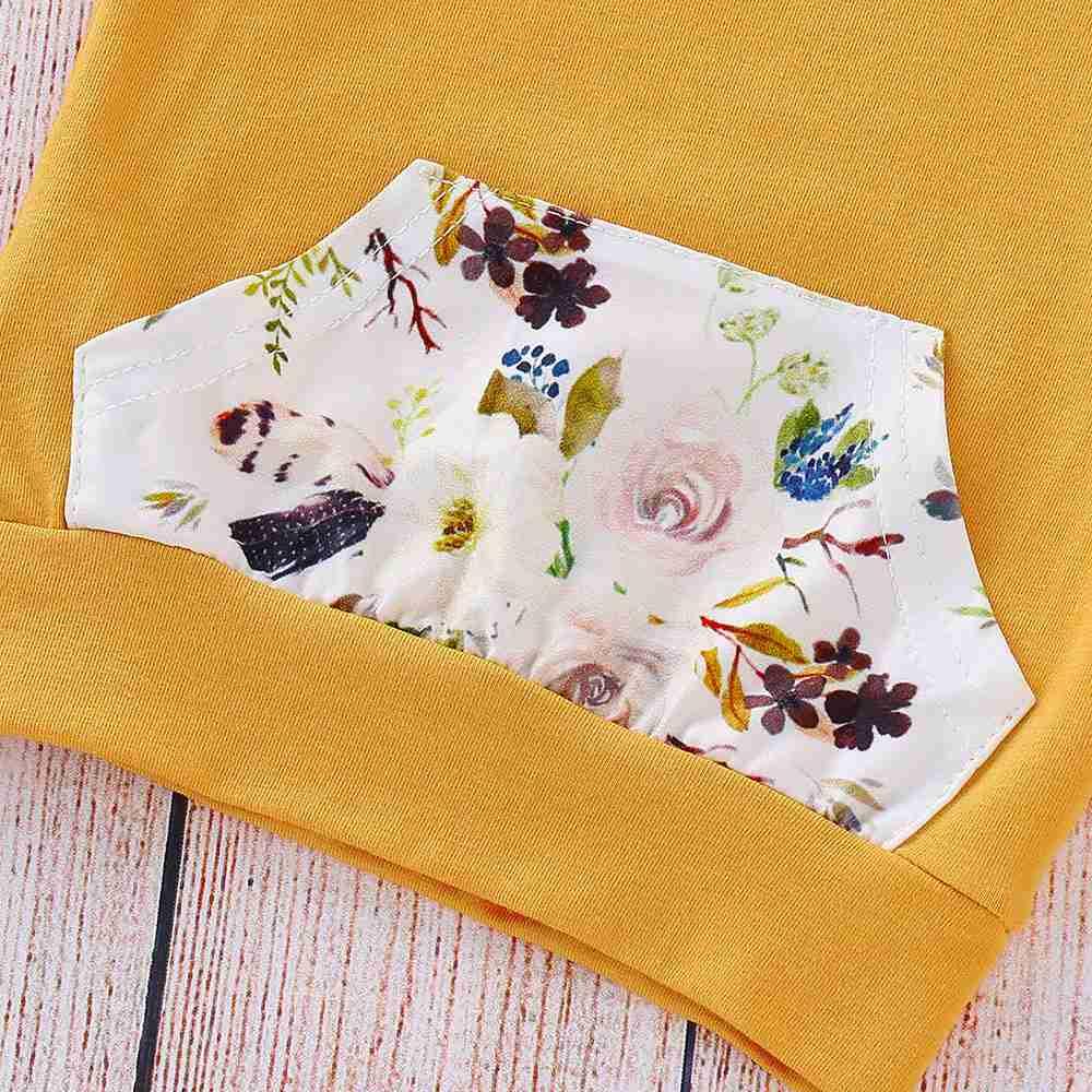 HZ6003 Kids Girls Pocket Printed Two-piece Set (Long-sleeve Hoodie + Floral Trousers Size 70) - Yellow