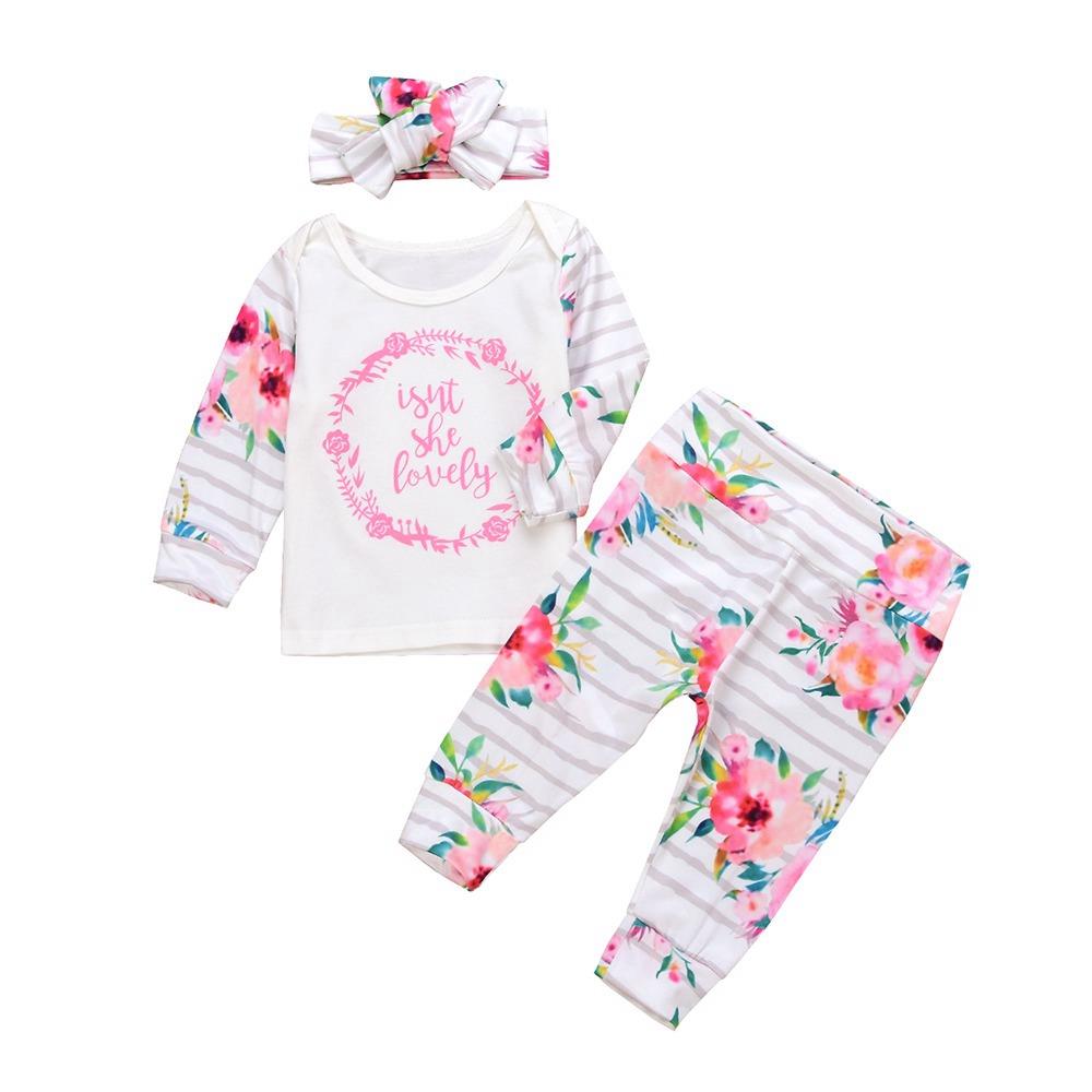 HZ50088 Kids Girls Flower Letter Pattern Three-piece Set (Long-sleeve Top + Flower Bow Tie Trousers + Hairband Size 70) - White