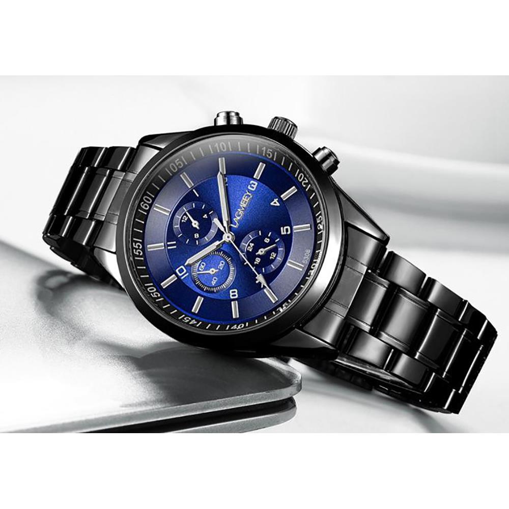 W5308 Men's Casual Business Analog Wrist Watch Quartz Movement Stainless Steel - Black Strap + Blue Dial