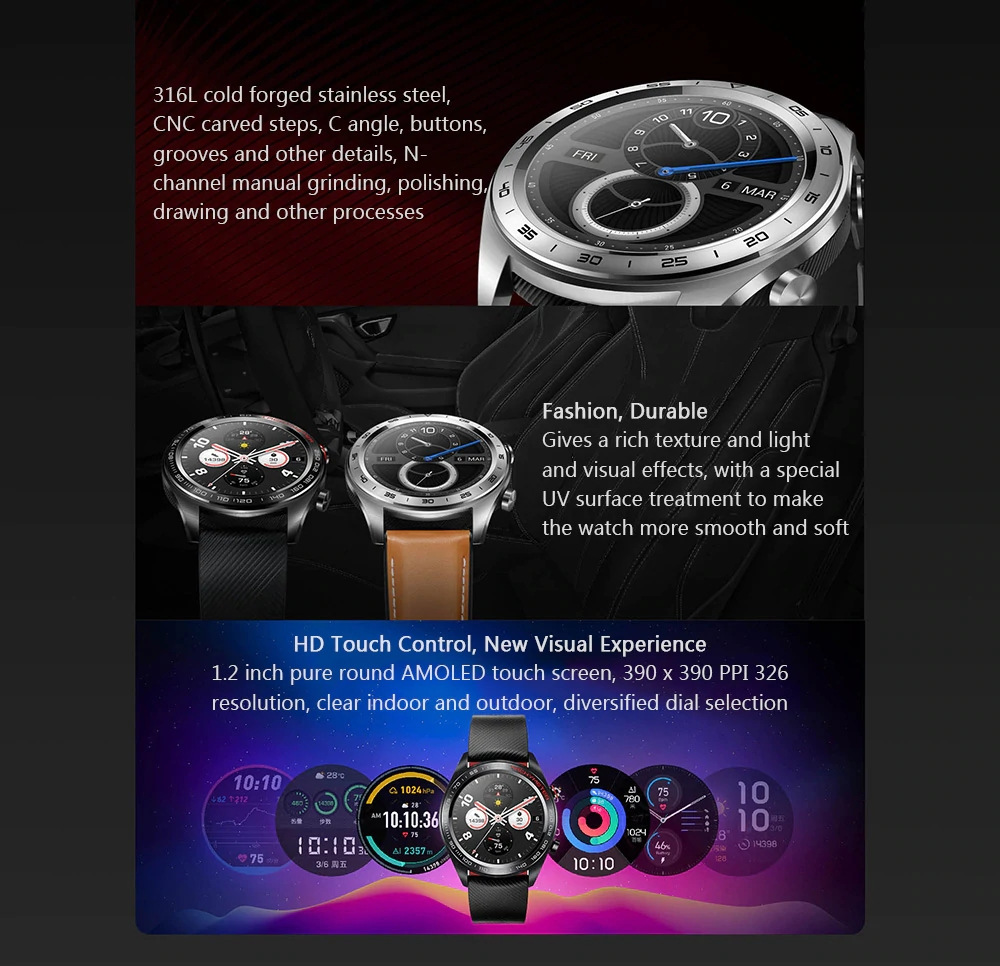 Huawei Honor Magic Smart Watch1.2 Inch AMOLED Color Screen Built-in GPS NFC Payment Heart Rate Monitor 5ATM Waterproof - Black