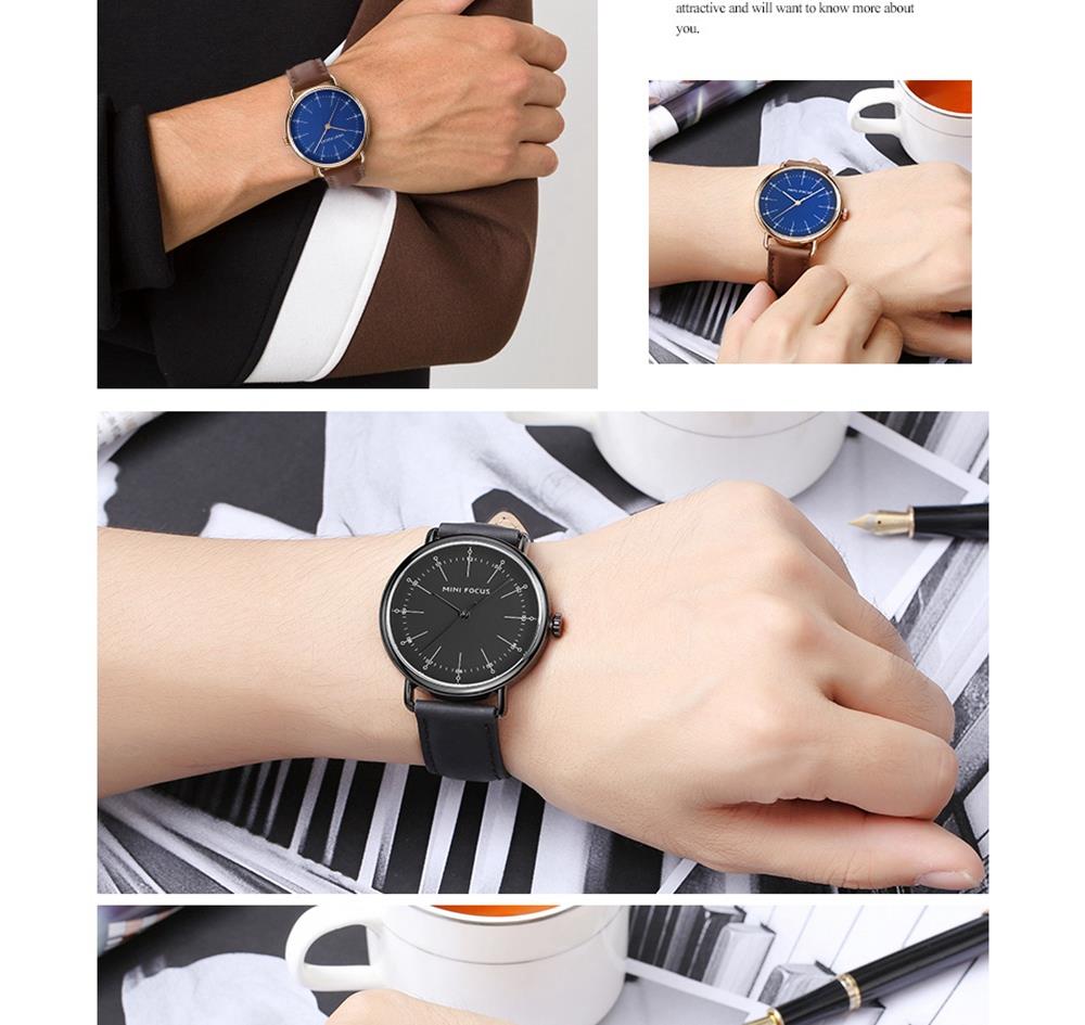 MINI FOCUS MF0056G Men's Casual Business Quartz Sports Watch PU Leather Strap Wristwatch - Blue + Brown