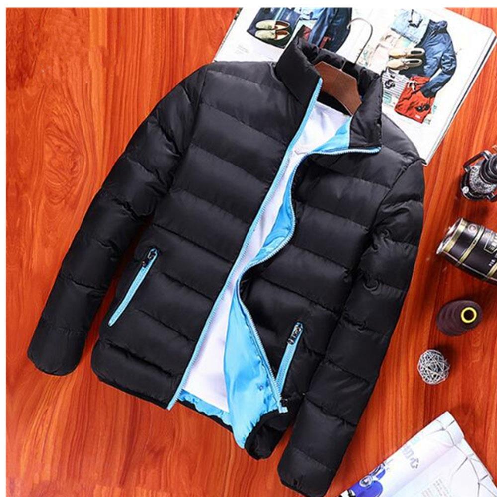 Men's Autumn And Winter Basic Casual Thick Cotton Down Jacket (Stand Collar Warm Coat Size L) - Black + Blue